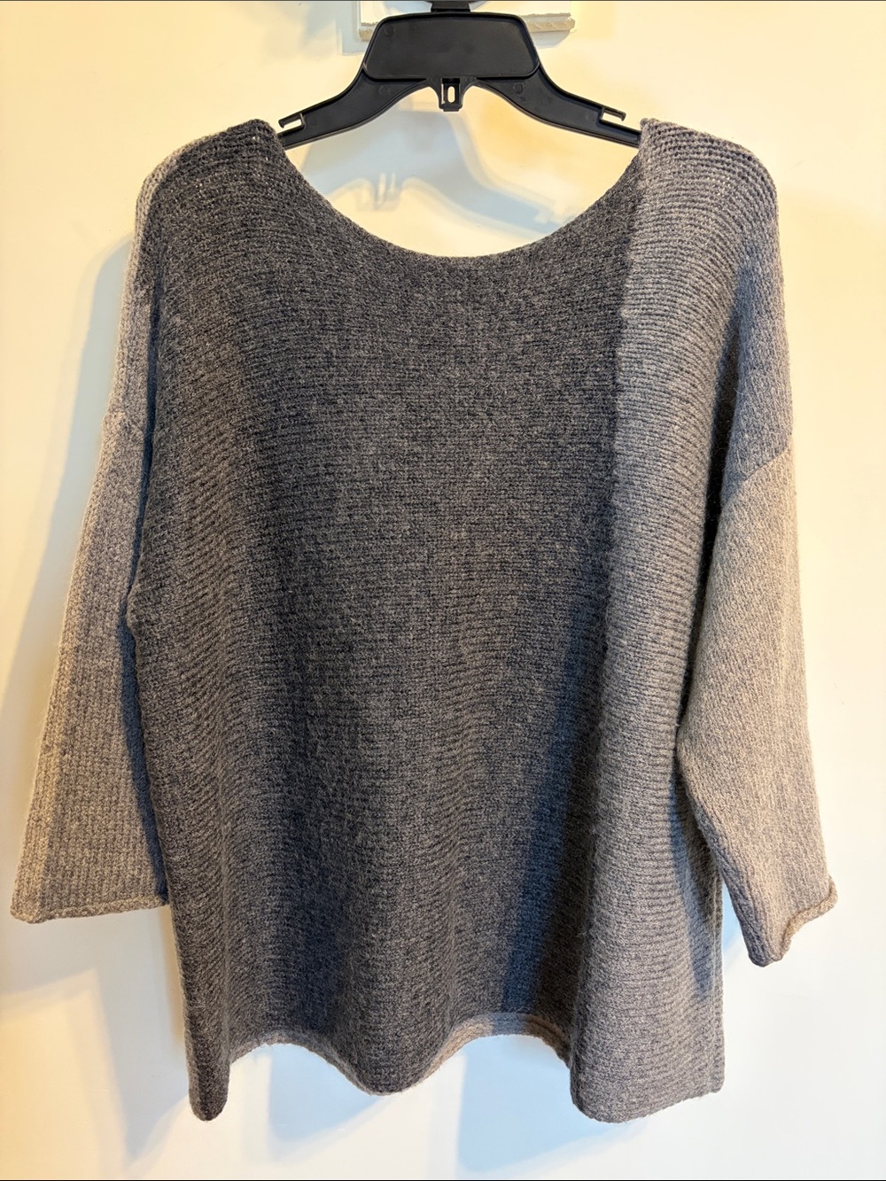 Eileen Fisher Mohair Wool Colorblock Sweater L Gray Boxy 3/4 Sleeve